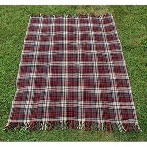 Vintage 60s Pendleton Thick Wool Throw Blanket Plaid USA 50x60 Fringed Cabin